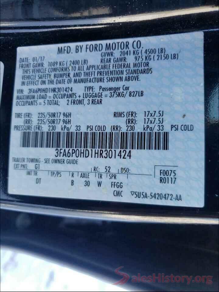 3FA6P0HD1HR301424 2017 FORD FUSION