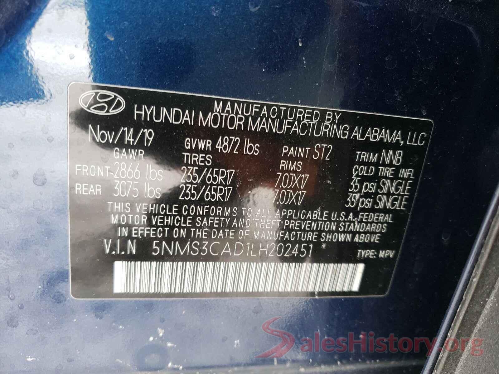 5NMS3CAD1LH202451 2020 HYUNDAI SANTA FE