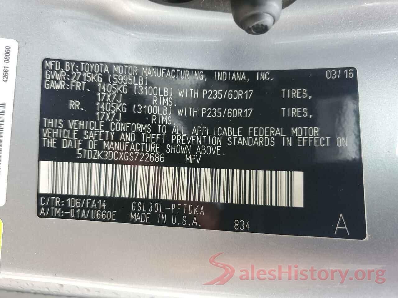 5TDZK3DCXGS722686 2016 TOYOTA SIENNA