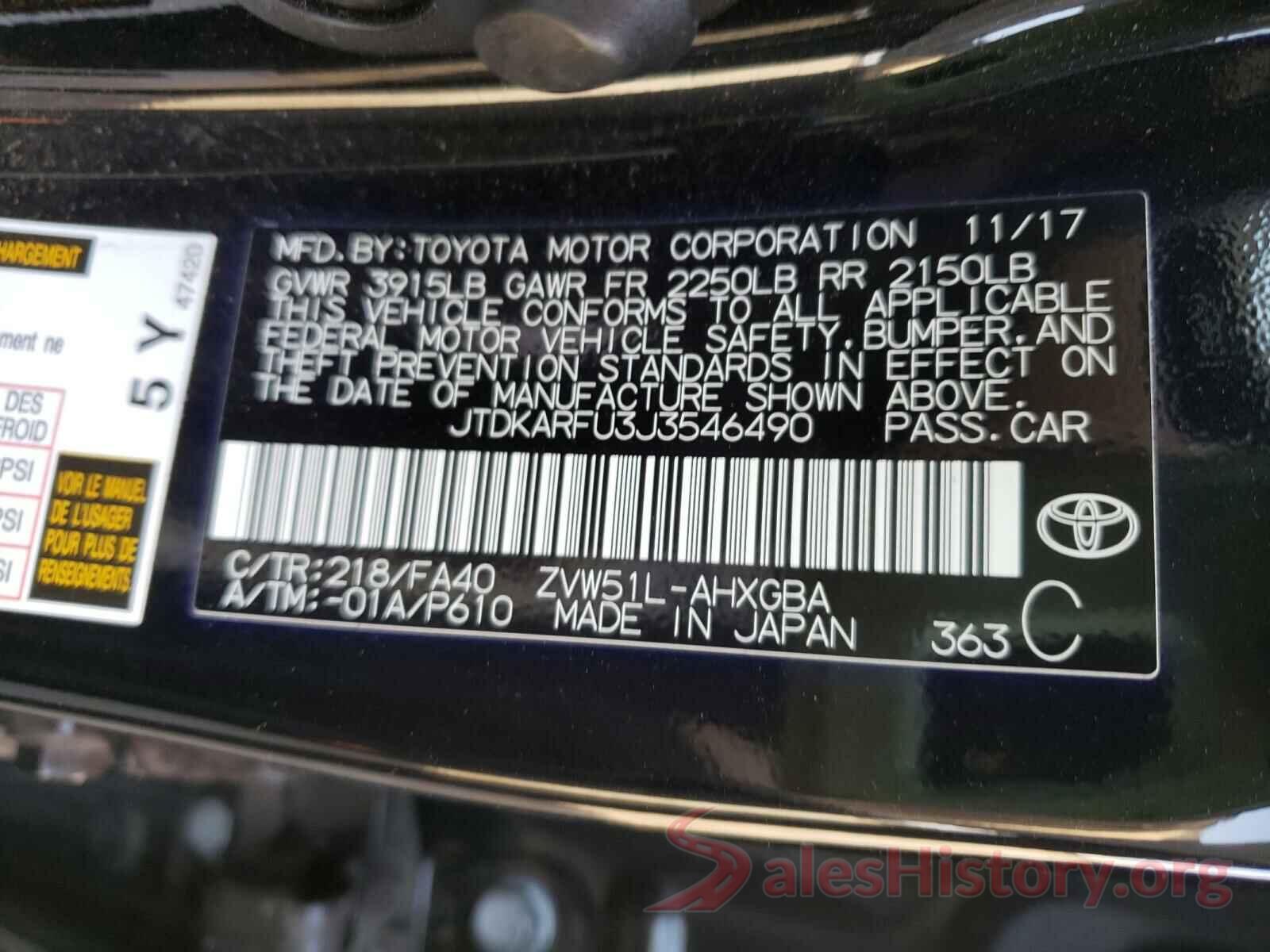 JTDKARFU3J3546490 2018 TOYOTA PRIUS