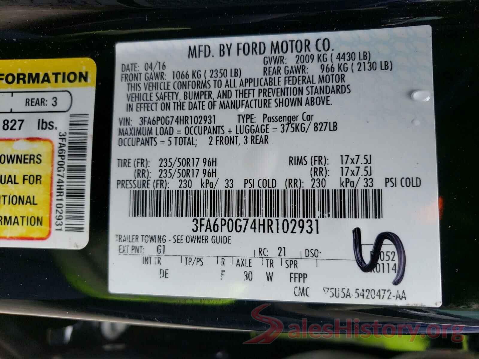 3FA6P0G74HR102931 2017 FORD FUSION