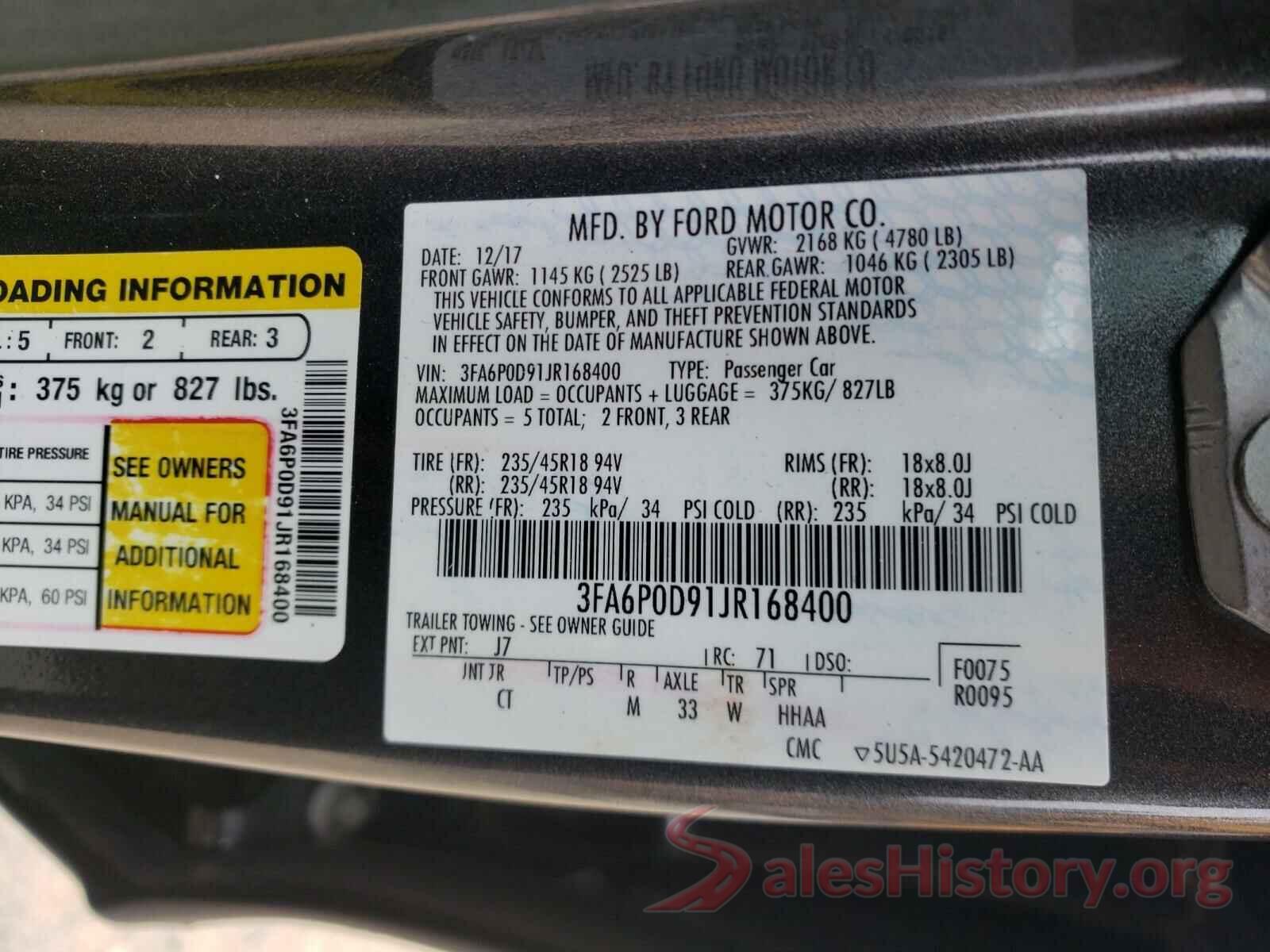 3FA6P0D91JR168400 2018 FORD FUSION