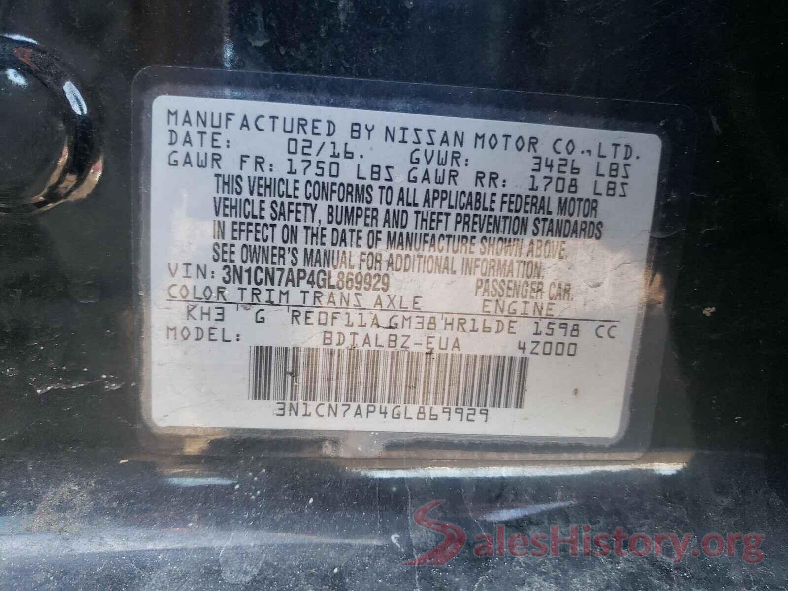 3N1CN7AP4GL869929 2016 NISSAN VERSA