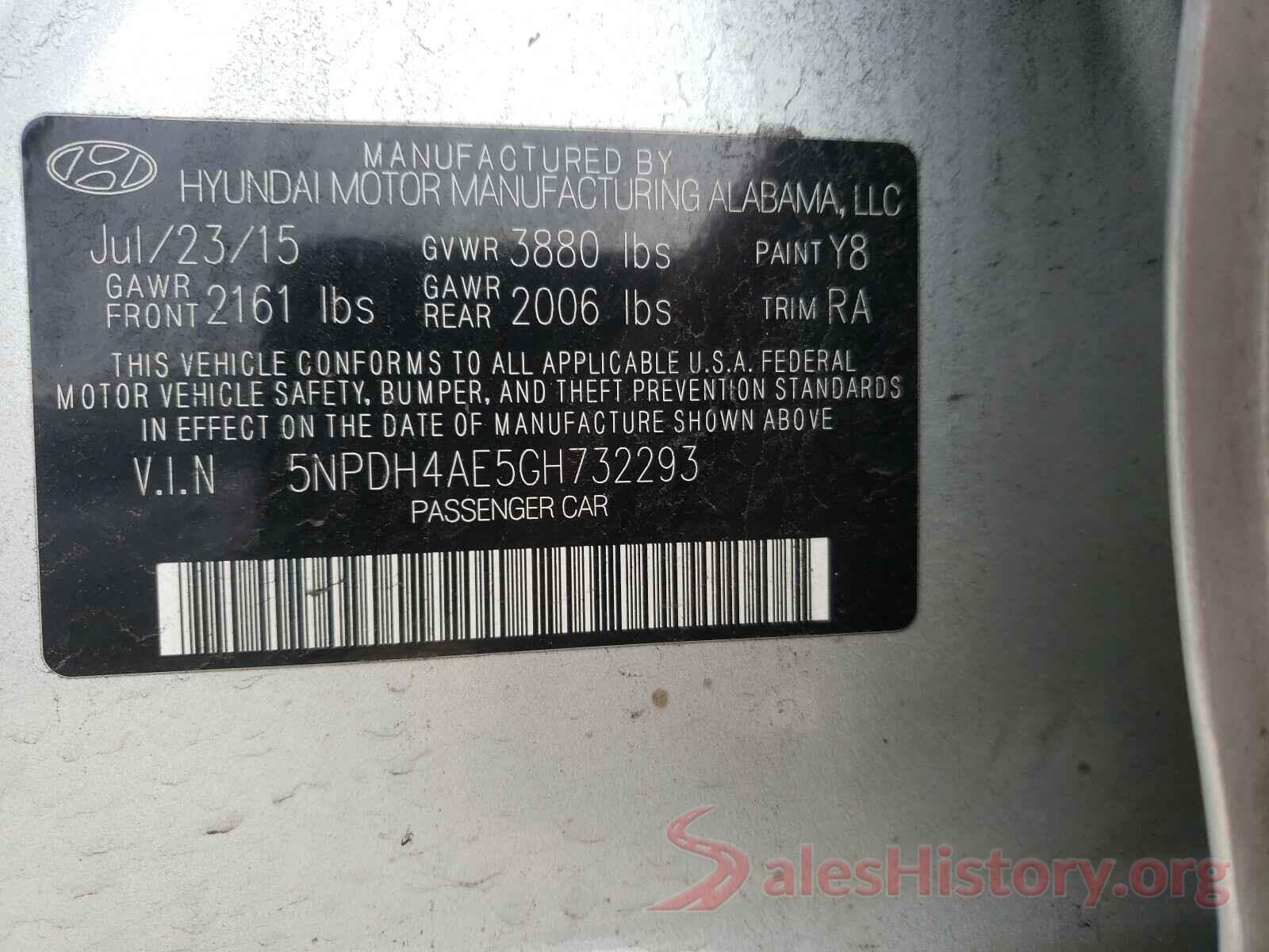 5NPDH4AE5GH732293 2016 HYUNDAI ELANTRA