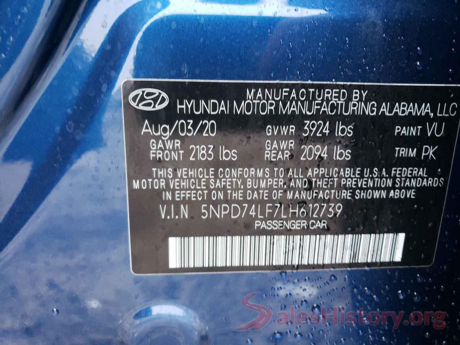 5NPD74LF7LH612739 2020 HYUNDAI ELANTRA