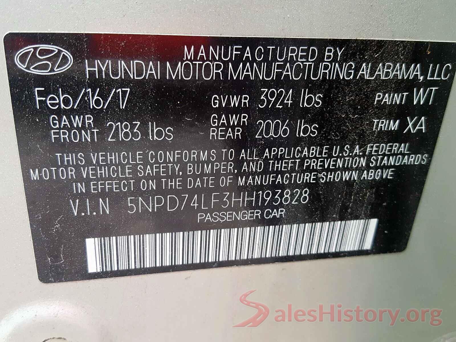 5NPD74LF3HH193828 2017 HYUNDAI ELANTRA