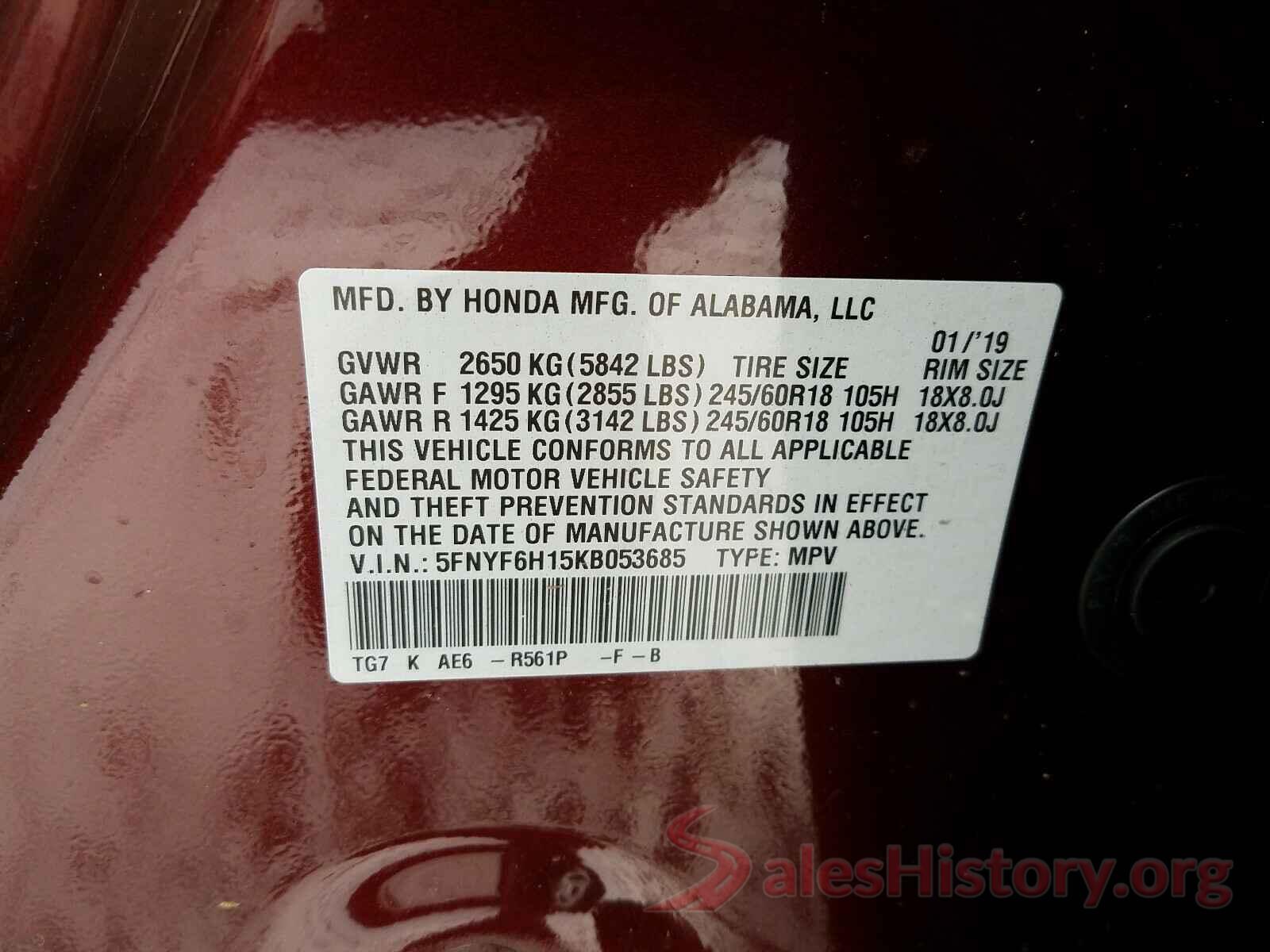 5FNYF6H15KB053685 2019 HONDA PILOT