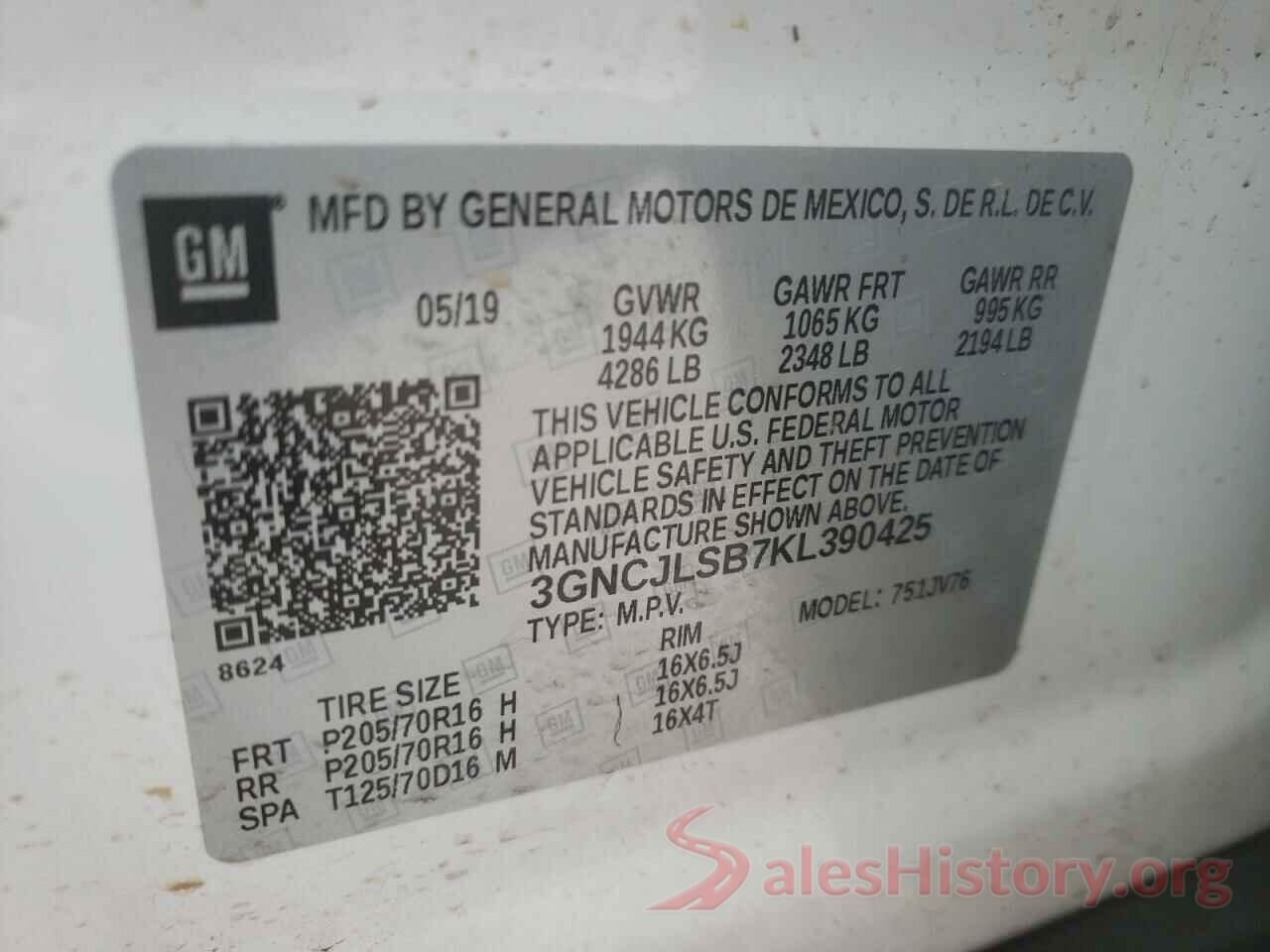 3GNCJLSB7KL390425 2019 CHEVROLET TRAX