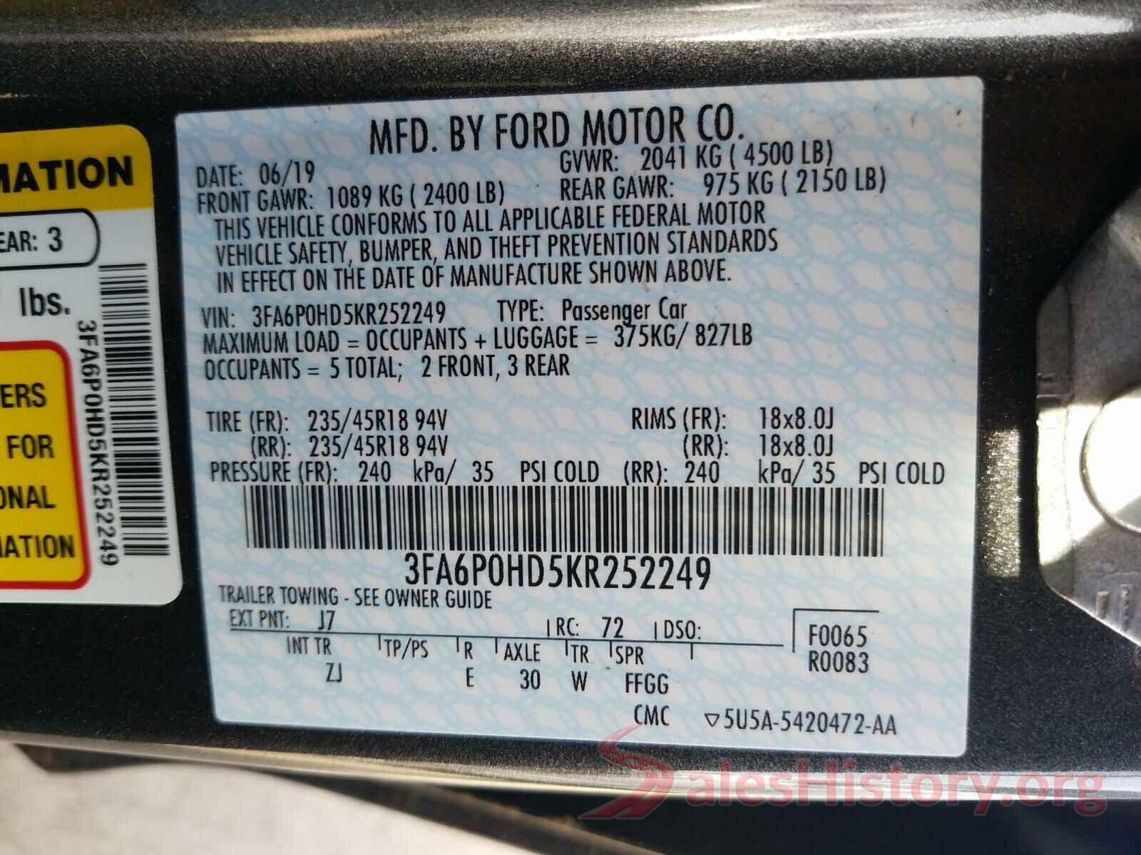 3FA6P0HD5KR252249 2019 FORD FUSION