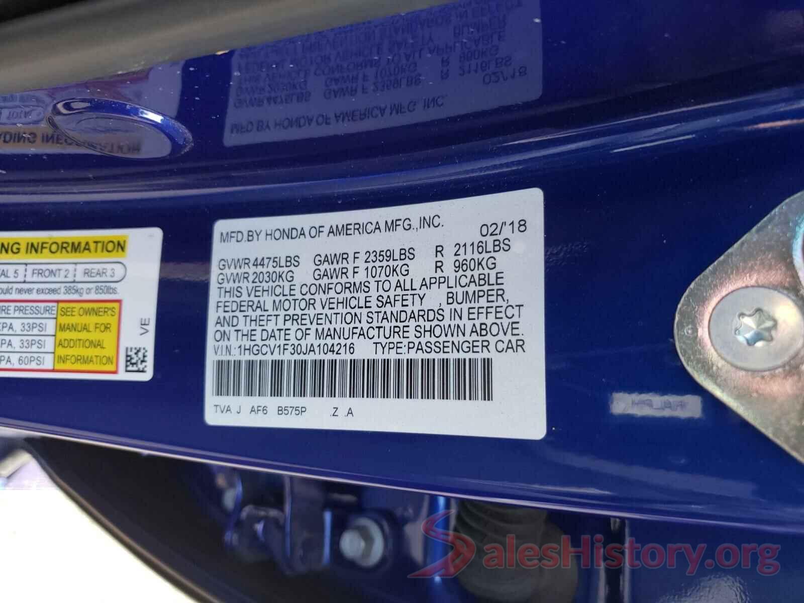 1HGCV1F30JA104216 2018 HONDA ACCORD