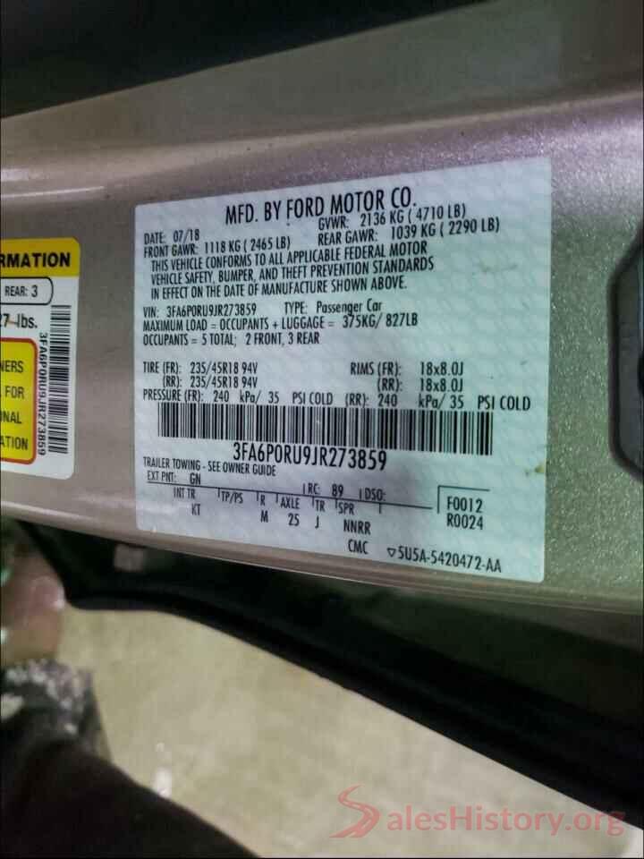 3FA6P0RU9JR273859 2018 FORD FUSION