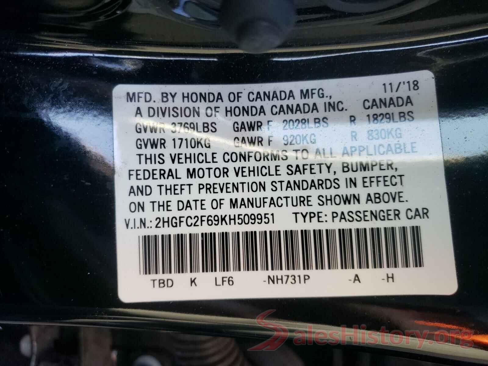 2HGFC2F69KH509951 2019 HONDA CIVIC