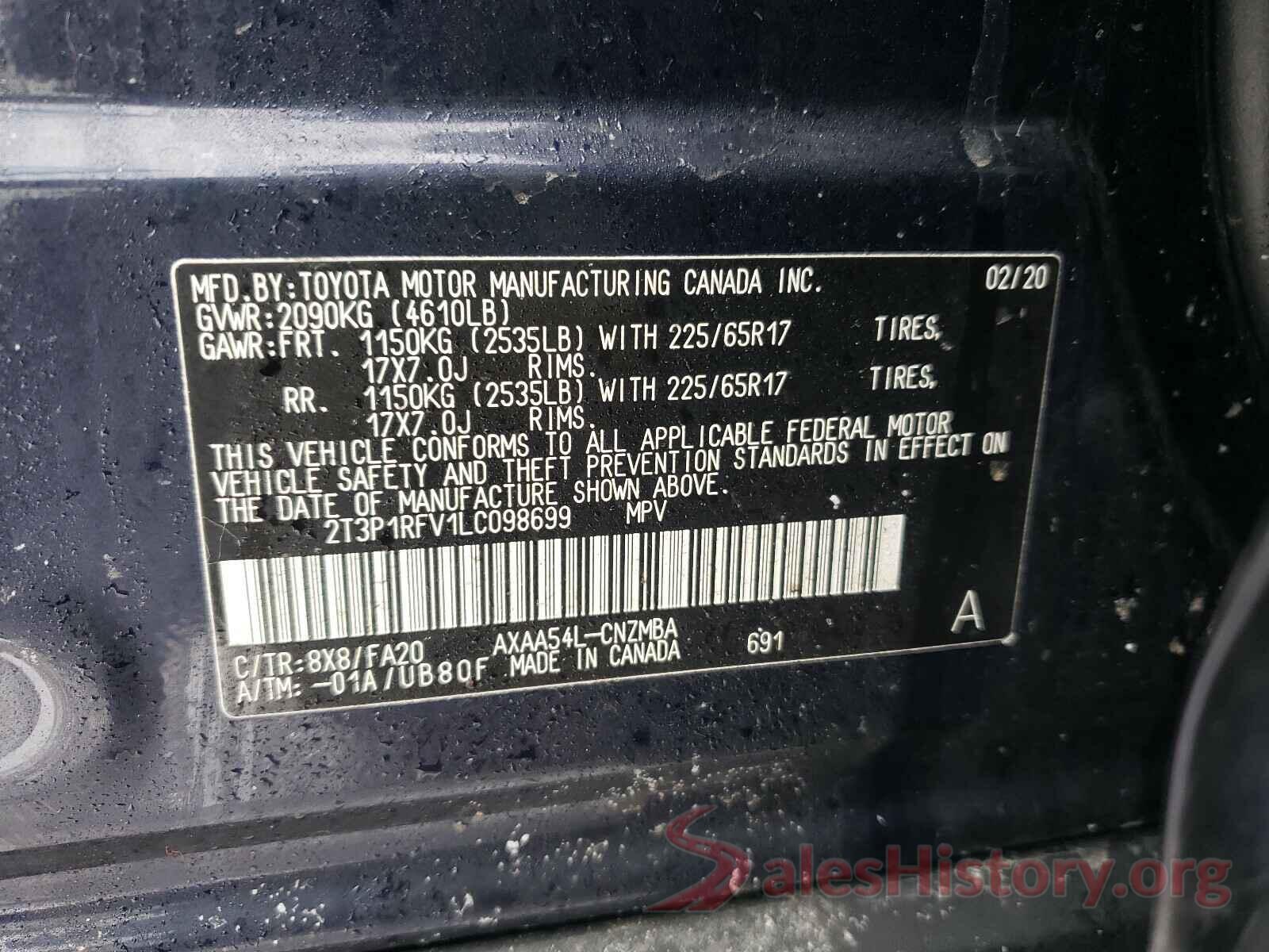 2T3P1RFV1LC098699 2020 TOYOTA RAV4