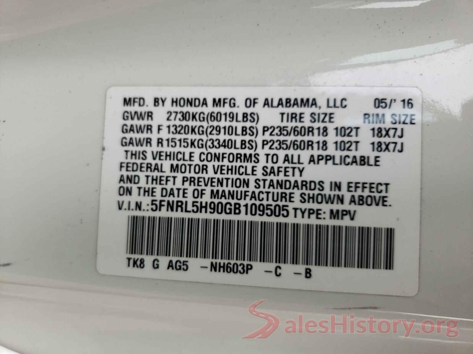 5FNRL5H90GB109505 2016 HONDA ODYSSEY