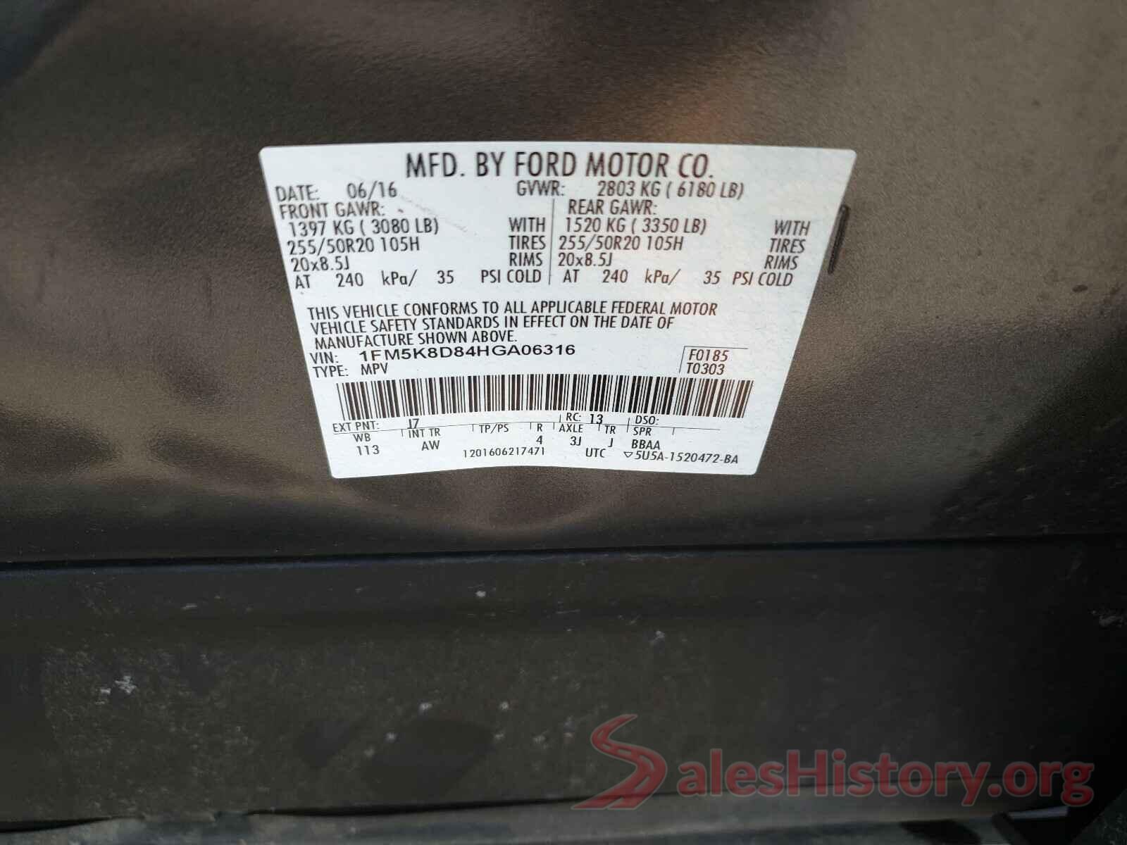 1FM5K8D84HGA06316 2017 FORD EXPLORER