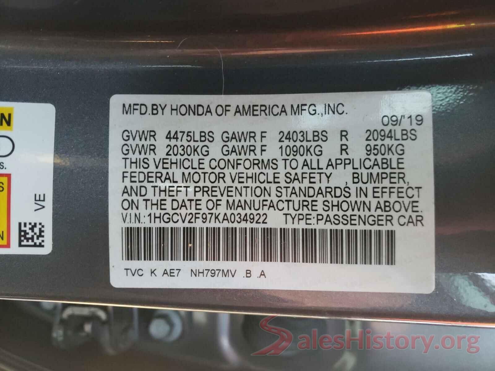 1HGCV2F97KA034922 2019 HONDA ACCORD