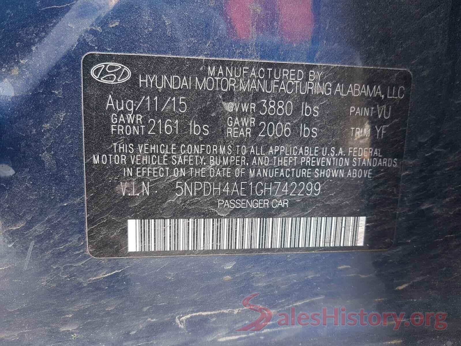 5NPDH4AE1GH742299 2016 HYUNDAI ELANTRA