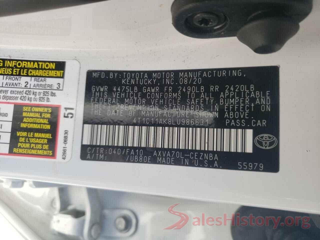 4T1C11AK8LU986631 2020 TOYOTA CAMRY