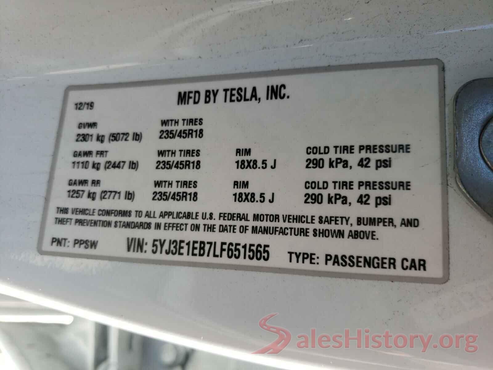 5YJ3E1EB7LF651565 2020 TESLA MODEL 3