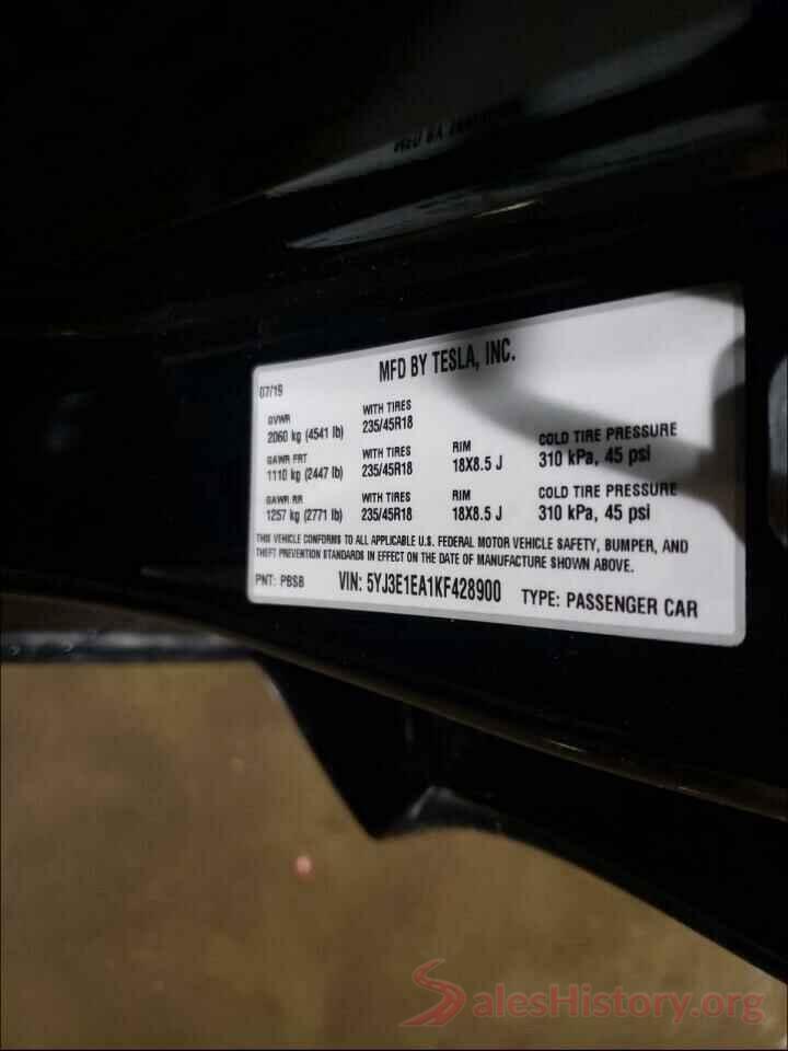 5YJ3E1EA1KF428900 2019 TESLA MODEL 3