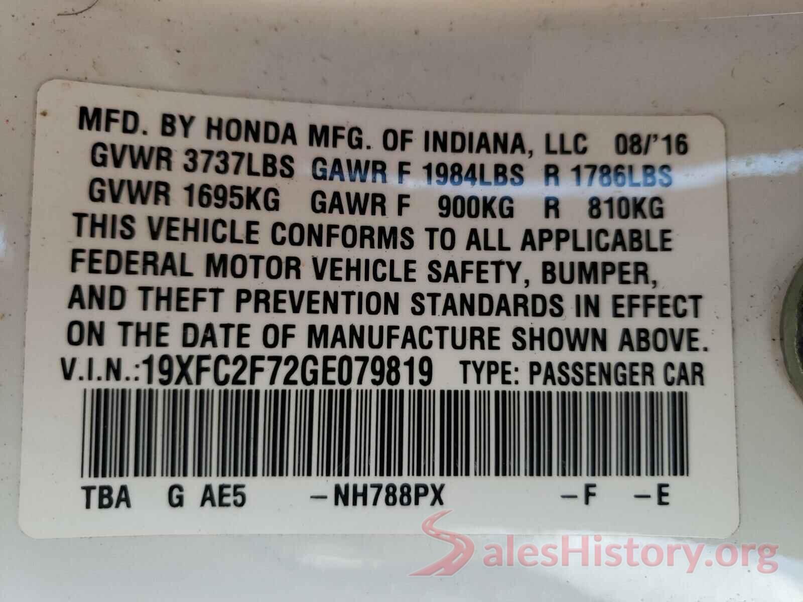 19XFC2F72GE079819 2016 HONDA CIVIC