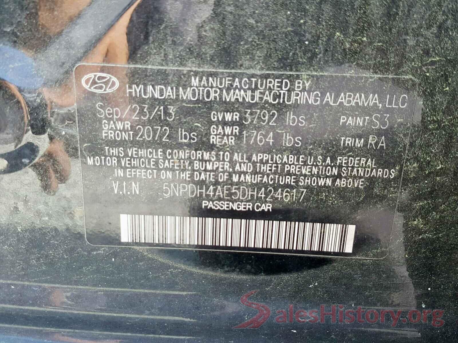 5NPDH4AE5DH424617 2013 HYUNDAI ELANTRA