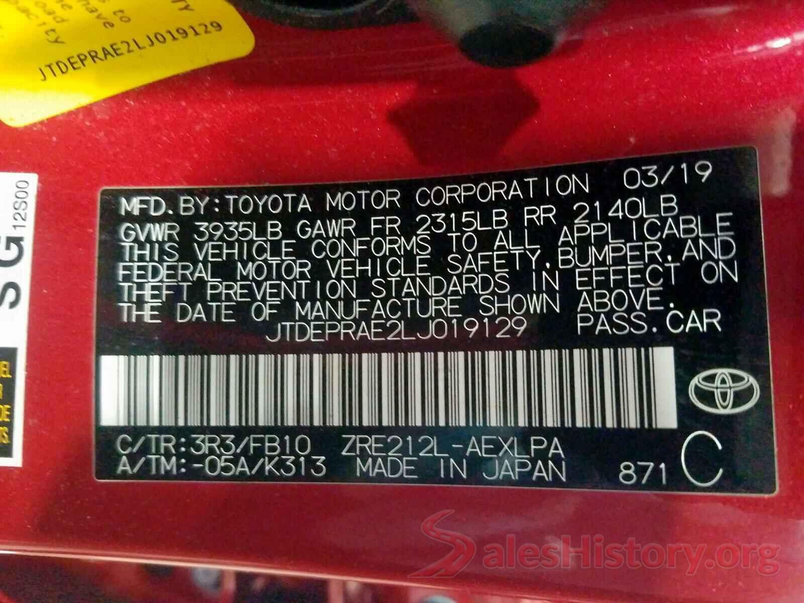 JTDEPRAE2LJ019129 2020 TOYOTA COROLLA