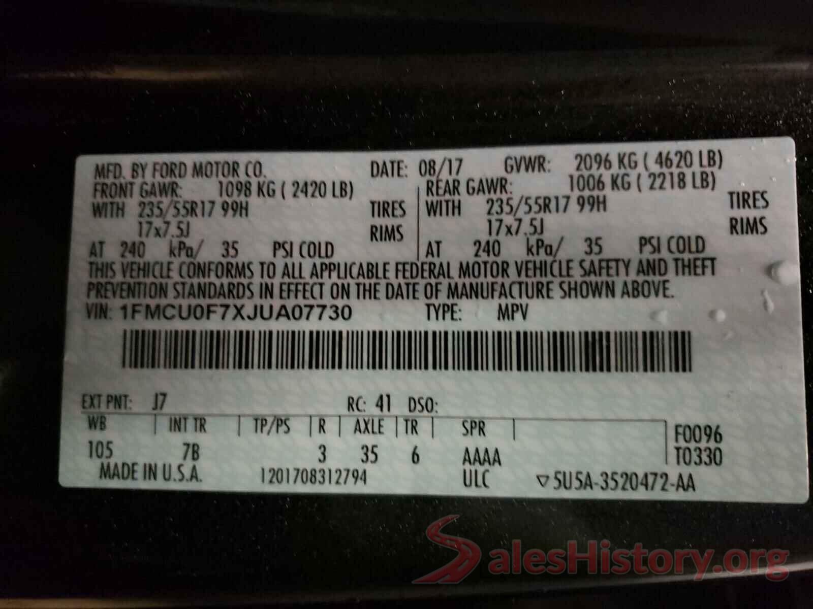 1FMCU0F7XJUA07730 2018 FORD ESCAPE