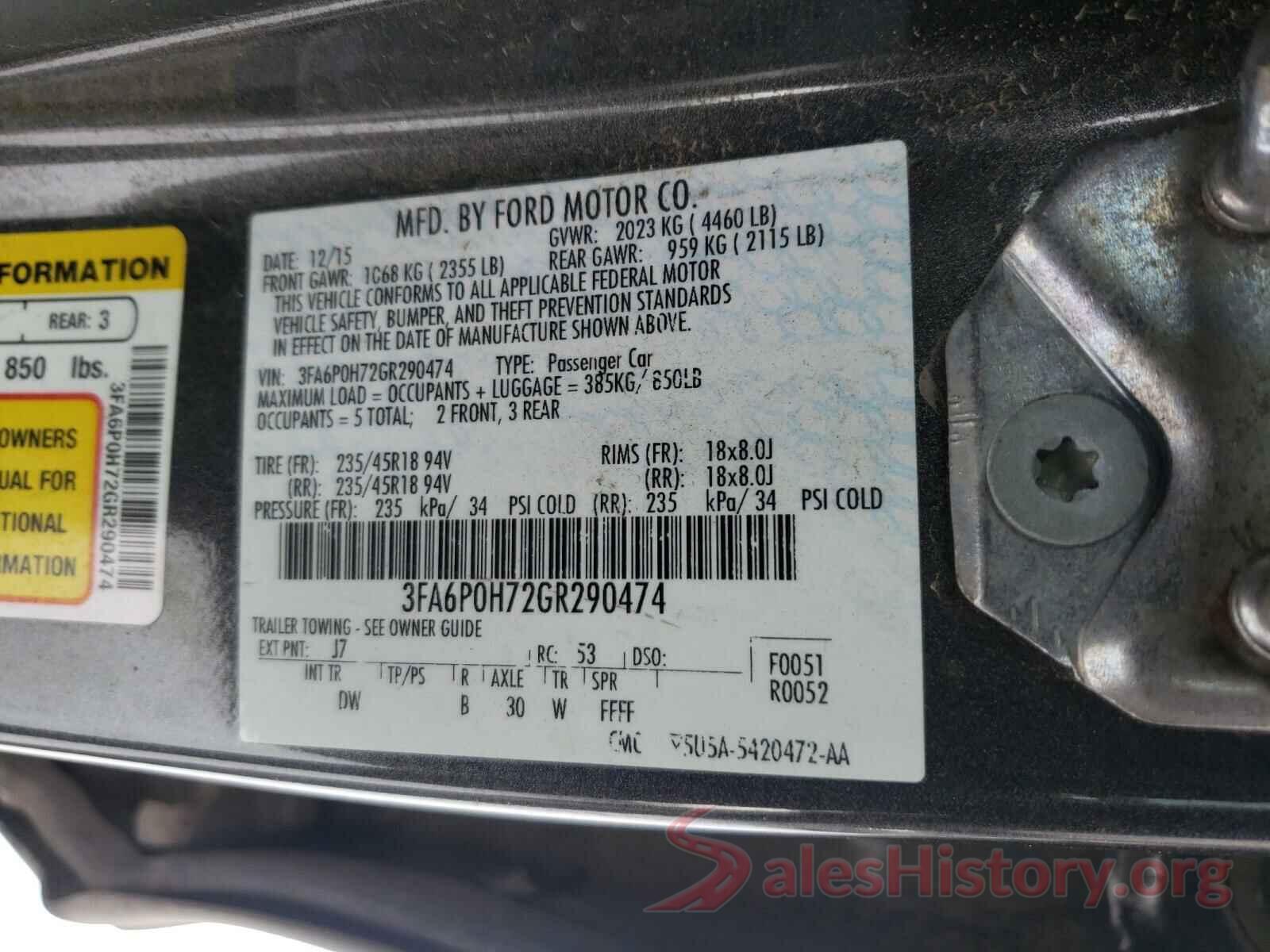 3FA6P0H72GR290474 2016 FORD FUSION