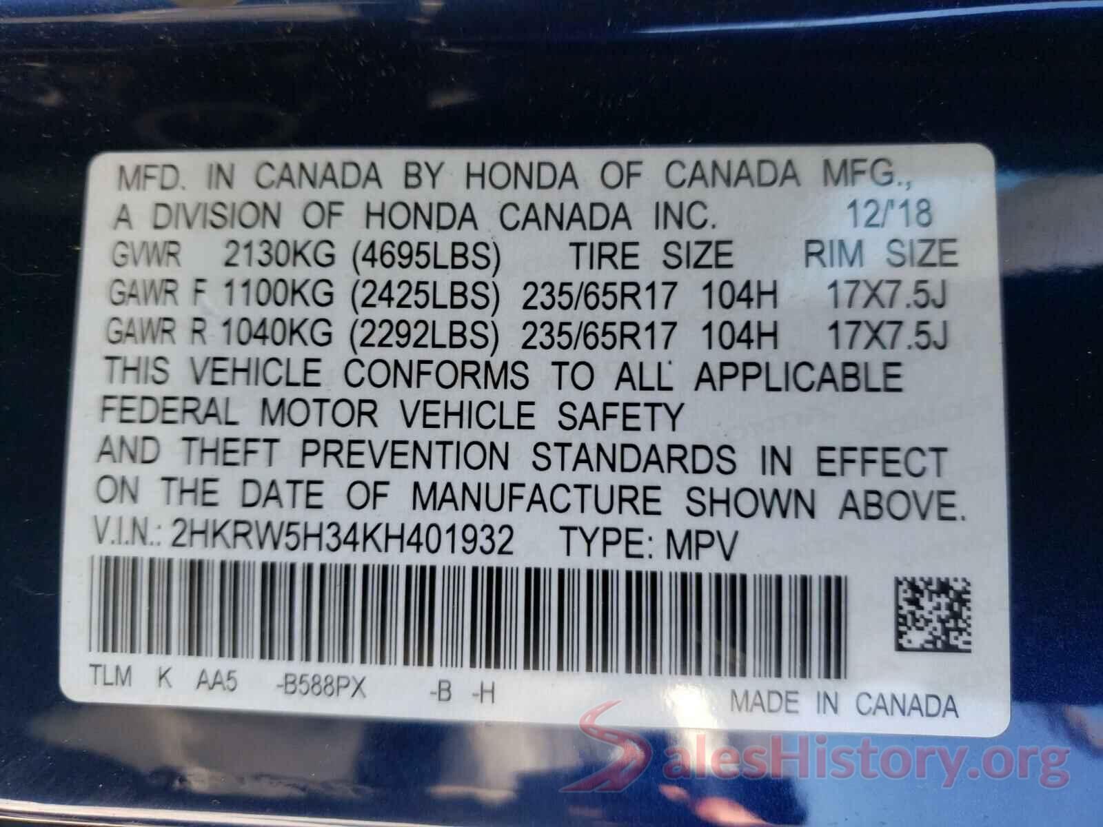 2HKRW5H34KH401932 2019 HONDA CRV