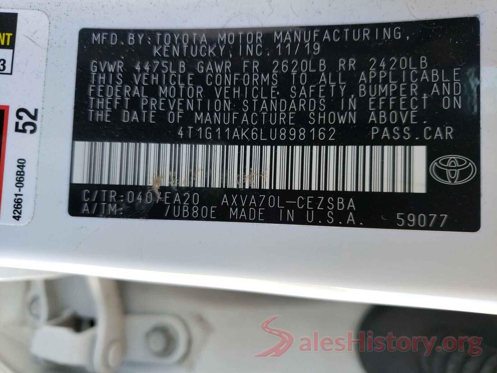 4T1G11AK6LU898162 2020 TOYOTA CAMRY