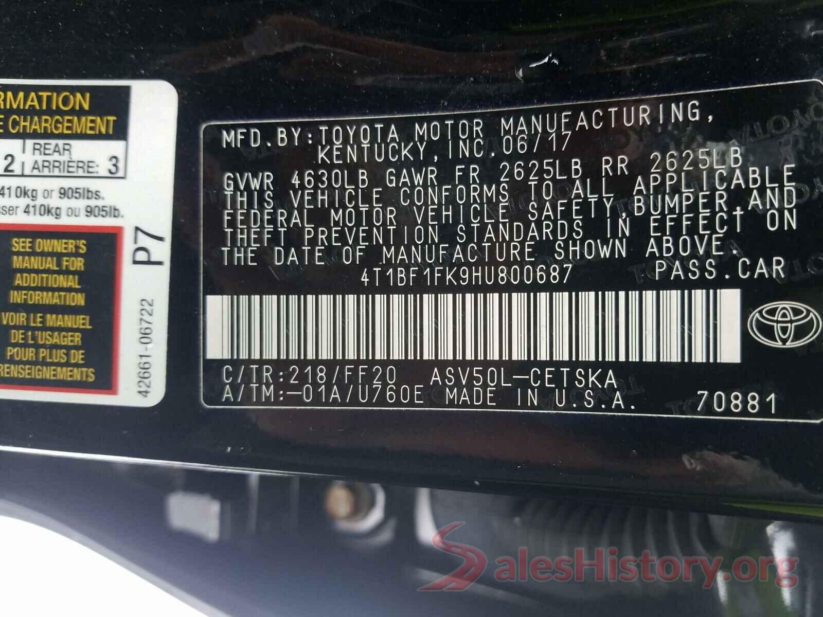 4T1BF1FK9HU800687 2017 TOYOTA CAMRY