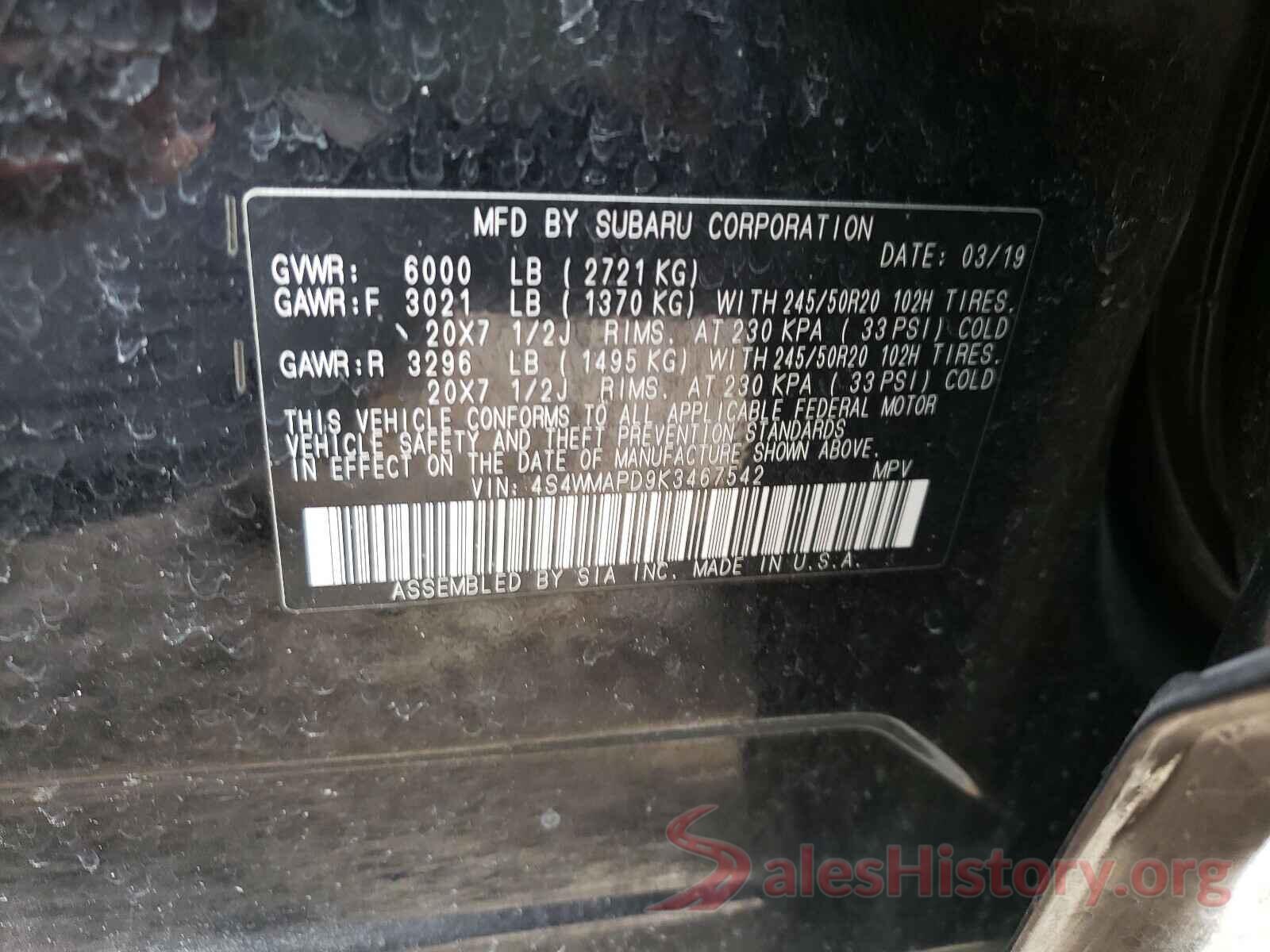 4S4WMAPD9K3467542 2019 SUBARU ALL MODELS