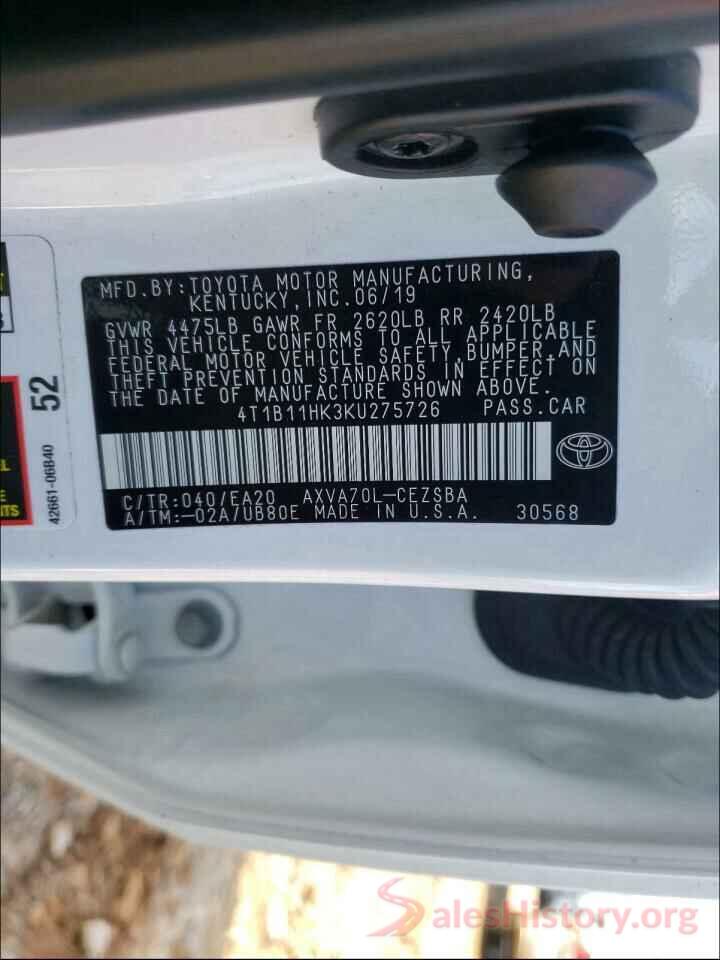 4T1B11HK3KU275726 2019 TOYOTA CAMRY