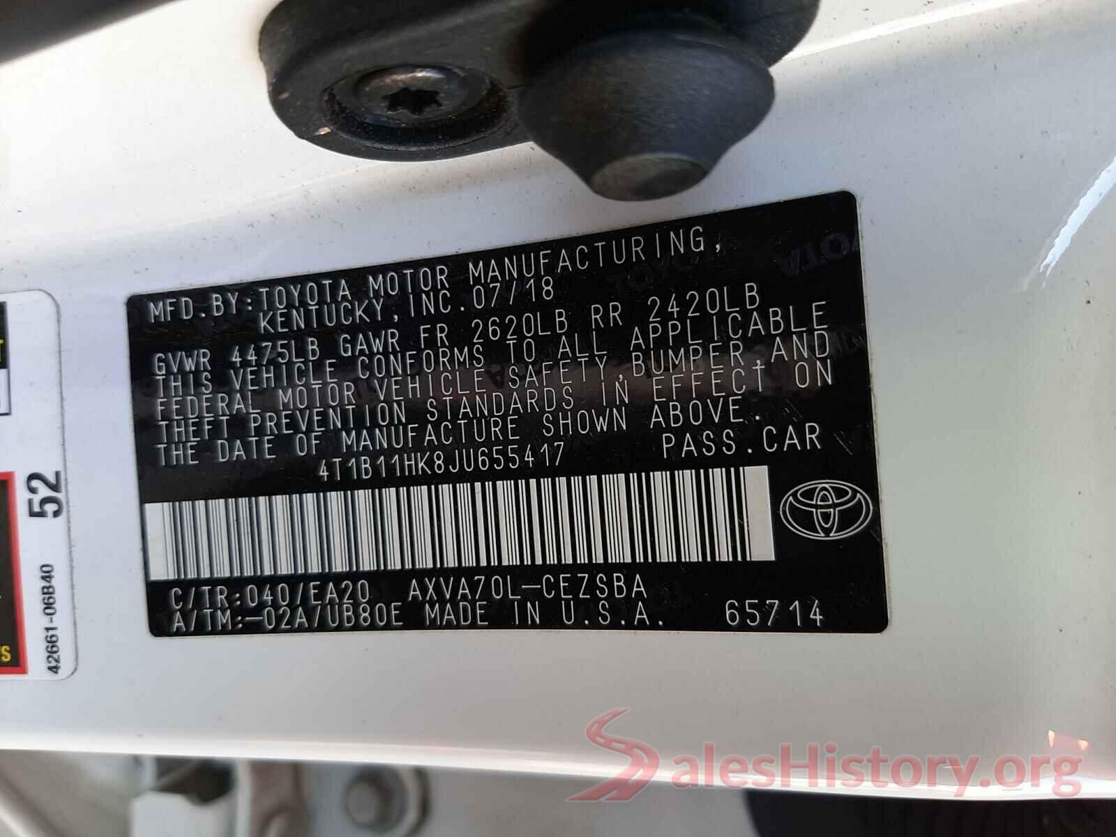 4T1B11HK8JU655417 2018 TOYOTA CAMRY