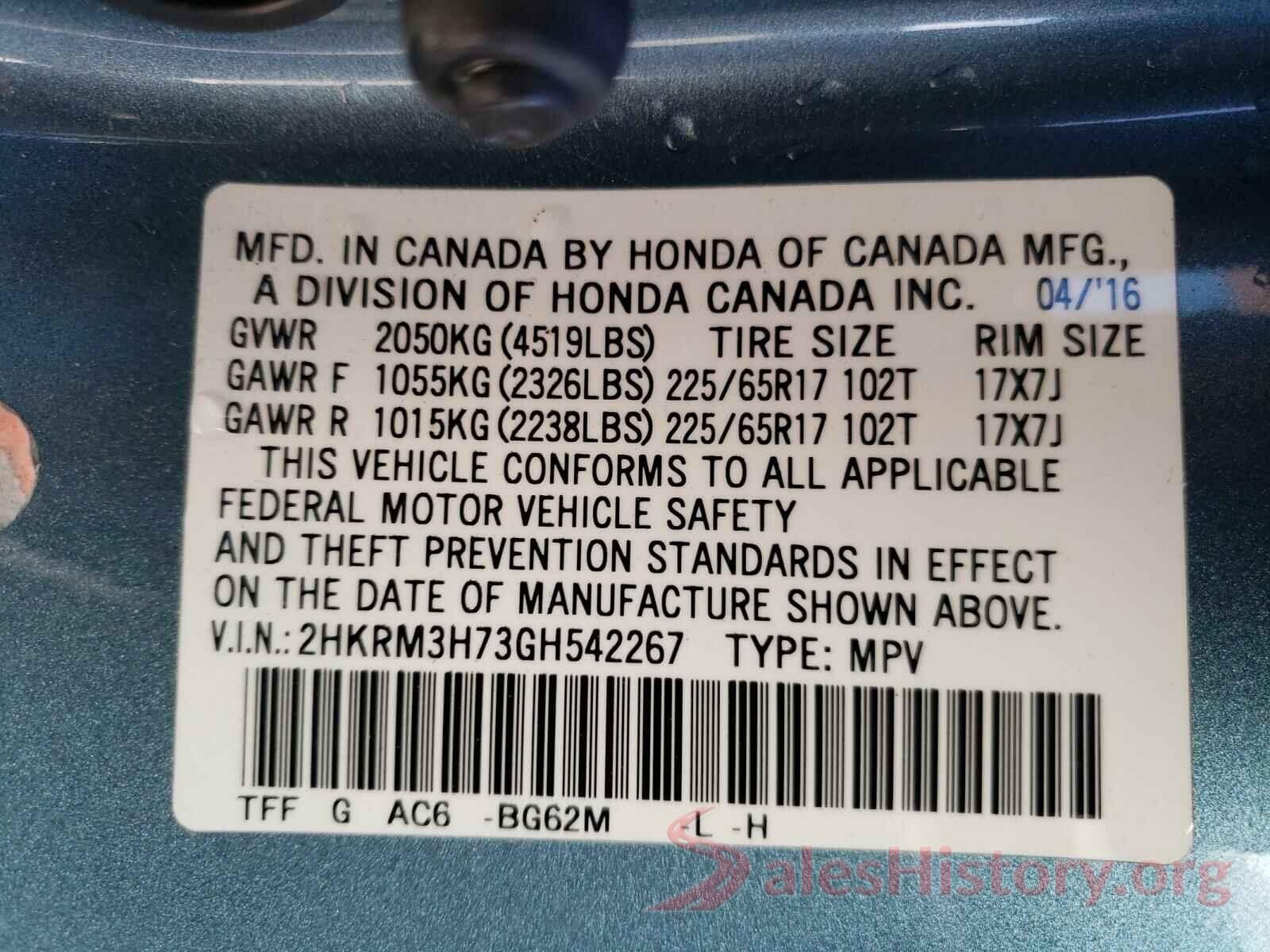 2HKRM3H73GH542267 2016 HONDA CRV