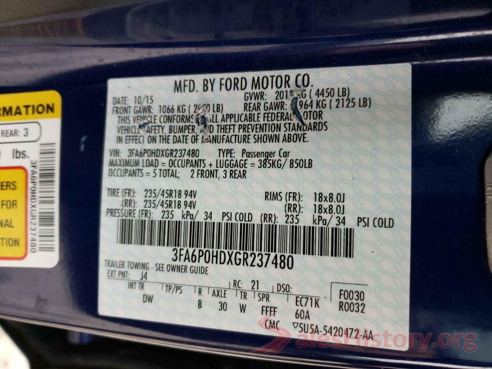 3FA6P0HDXGR237480 2016 FORD FUSION