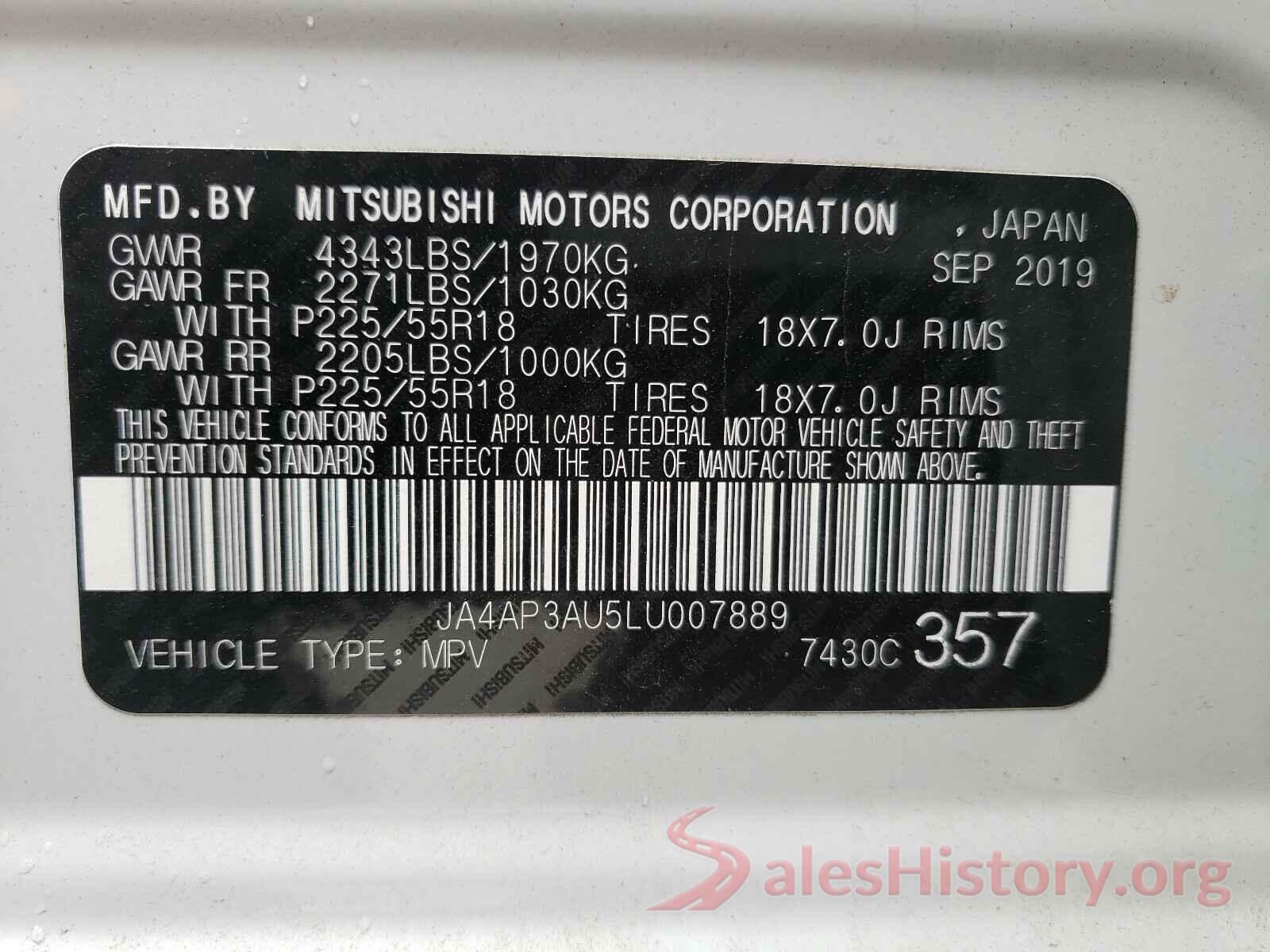 JA4AP3AU5LU007889 2020 MITSUBISHI OUTLANDER