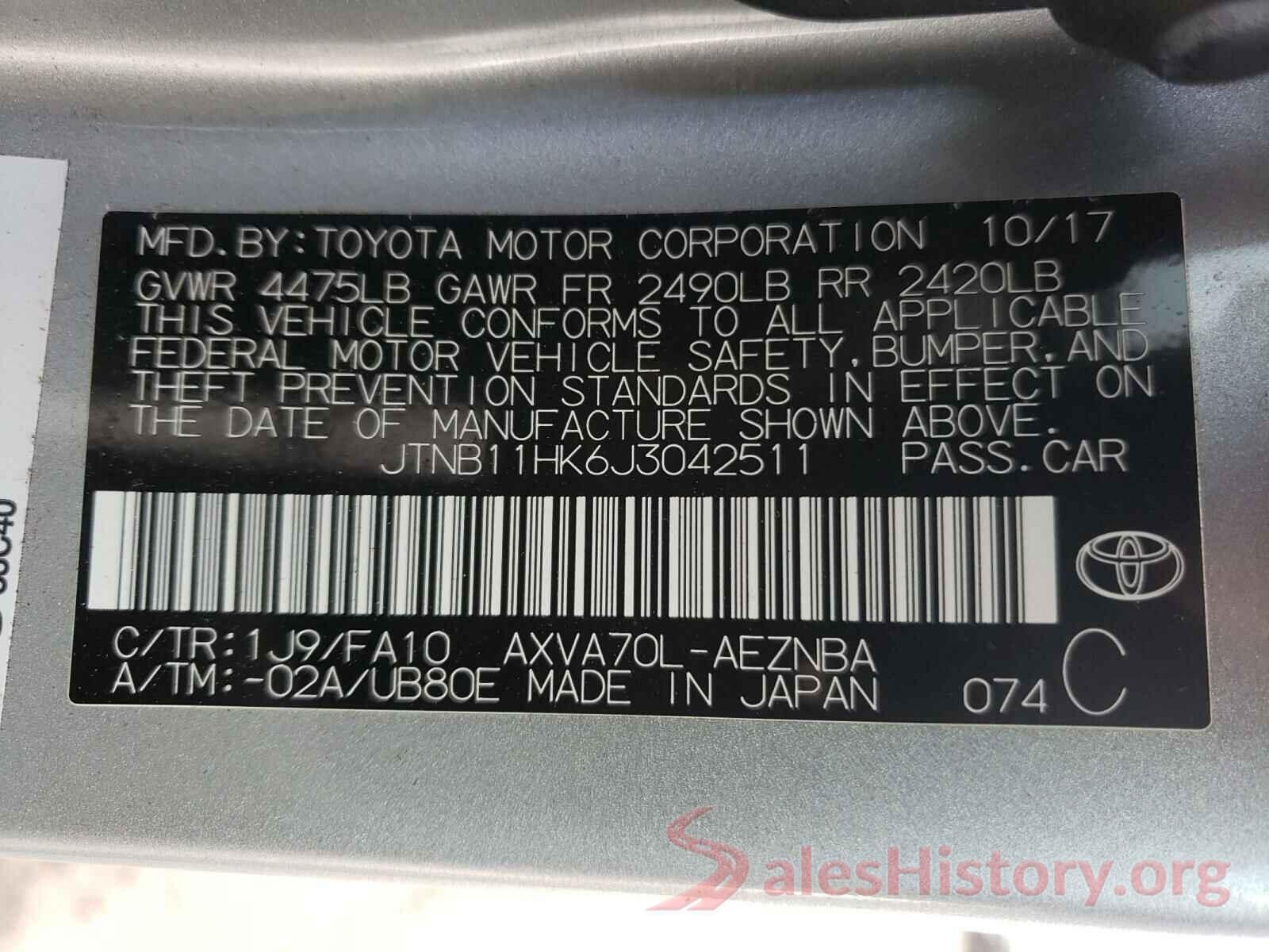 JTNB11HK6J3042511 2018 TOYOTA CAMRY