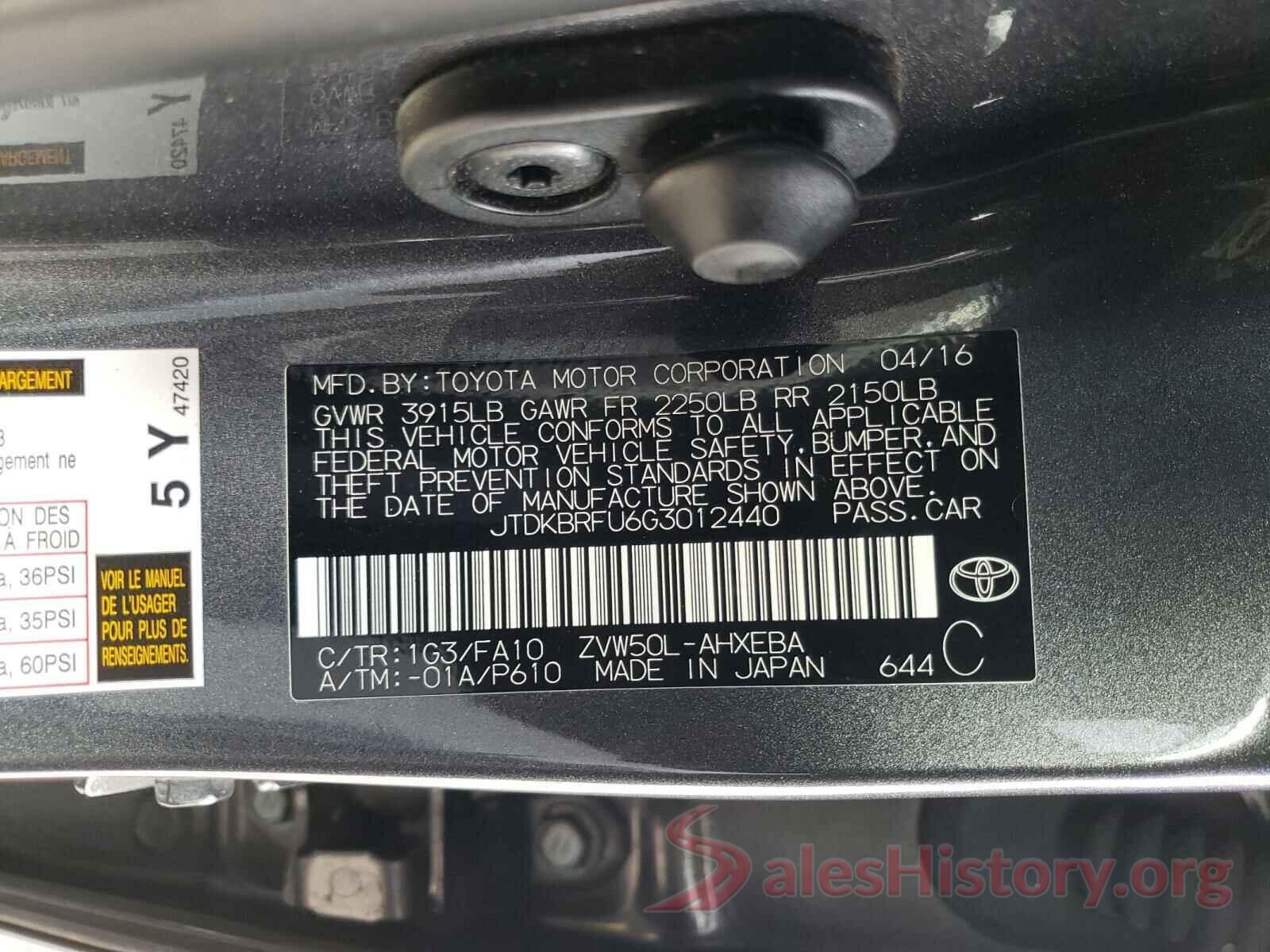 JTDKBRFU6G3012440 2016 TOYOTA PRIUS