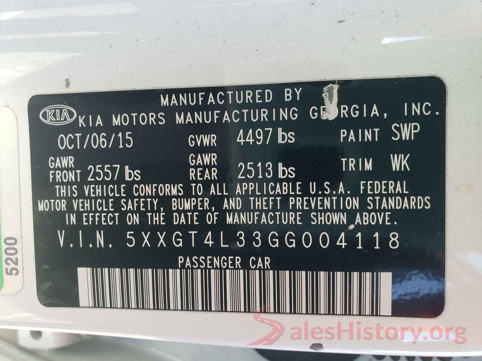 5XXGT4L33GG004118 2016 KIA OPTIMA