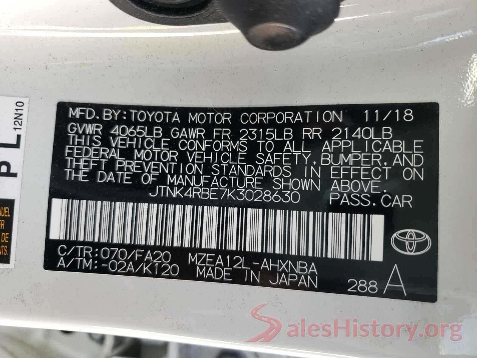 JTNK4RBE7K3028630 2019 TOYOTA COROLLA