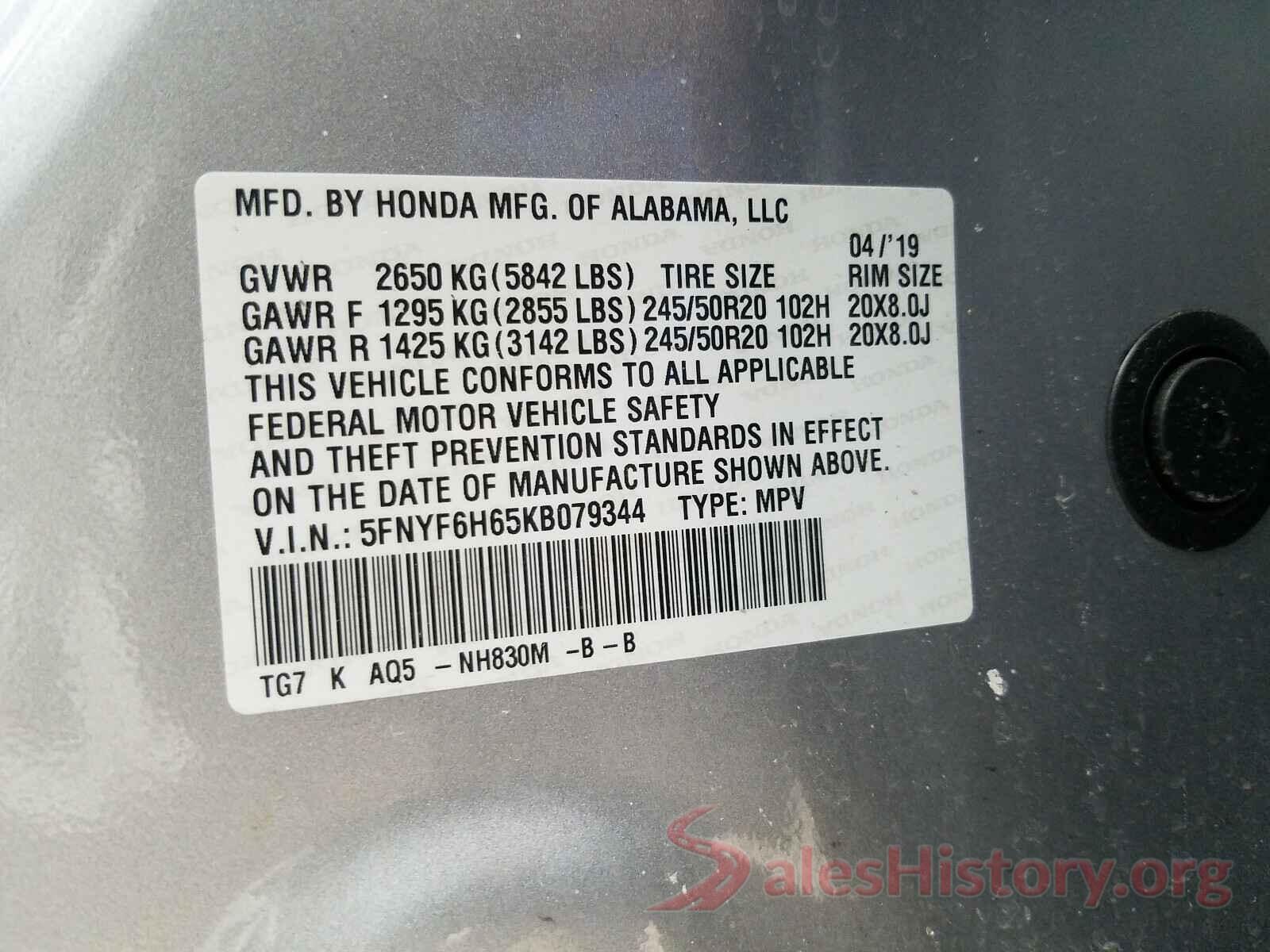 5FNYF6H65KB079344 2019 HONDA PILOT