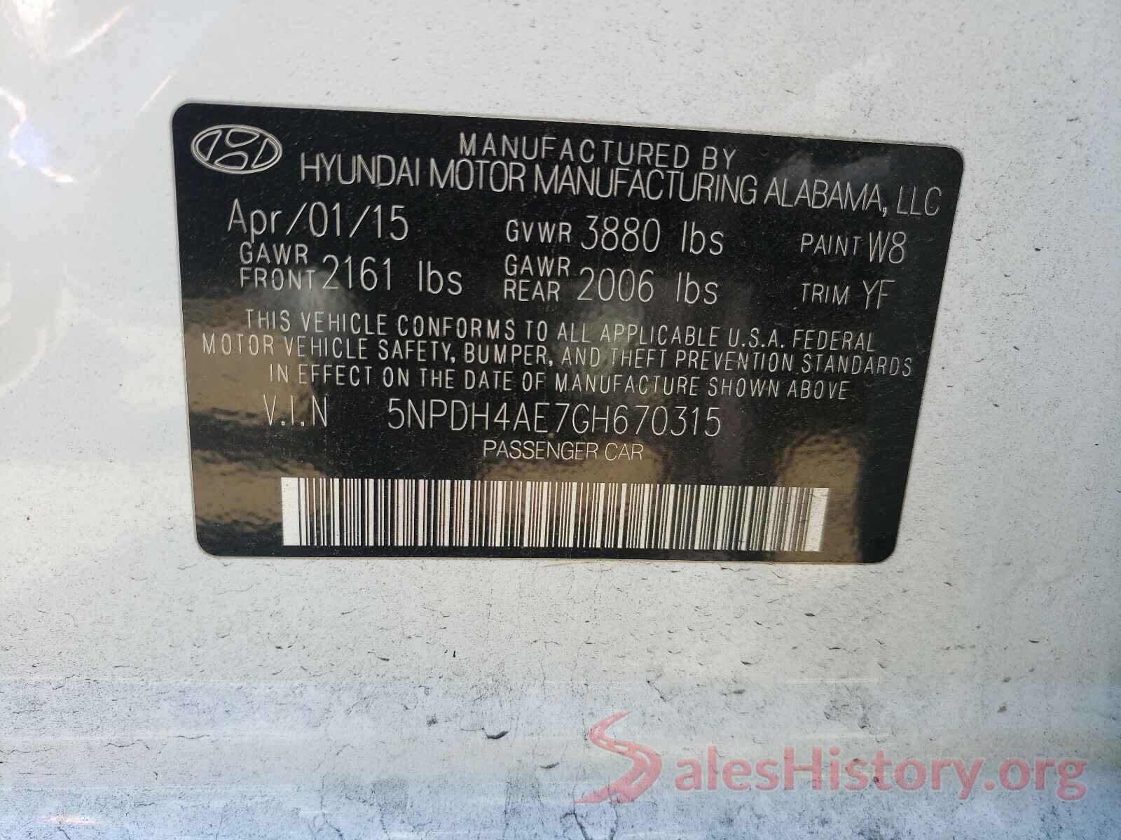 5NPDH4AE7GH670315 2016 HYUNDAI ELANTRA