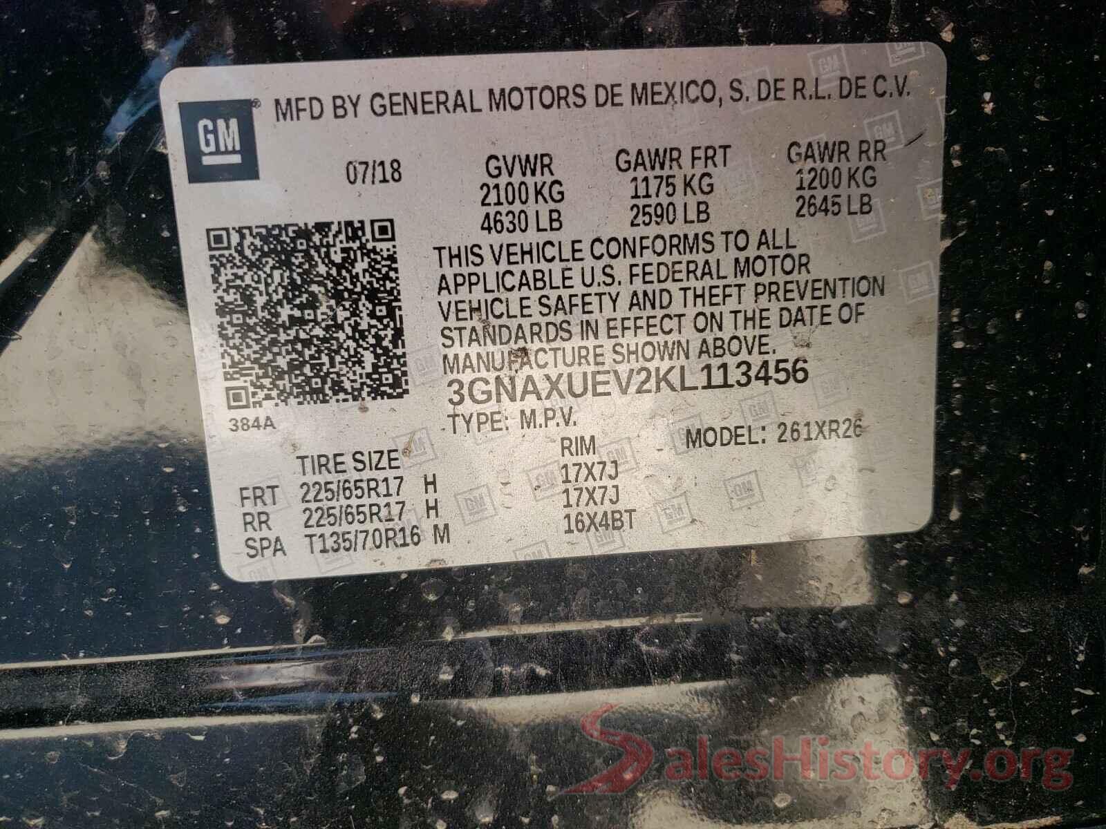 3GNAXUEV2KL113456 2019 CHEVROLET EQUINOX