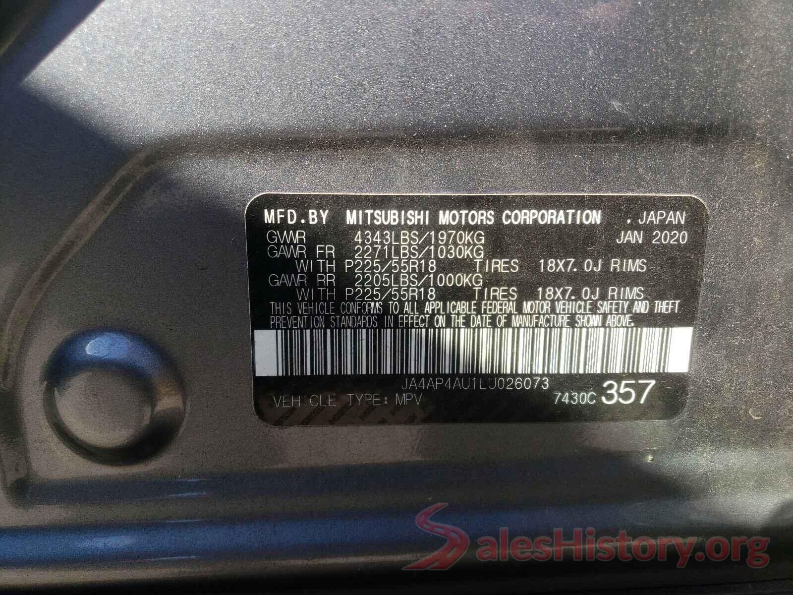 JA4AP4AU1LU026073 2020 MITSUBISHI OUTLANDER