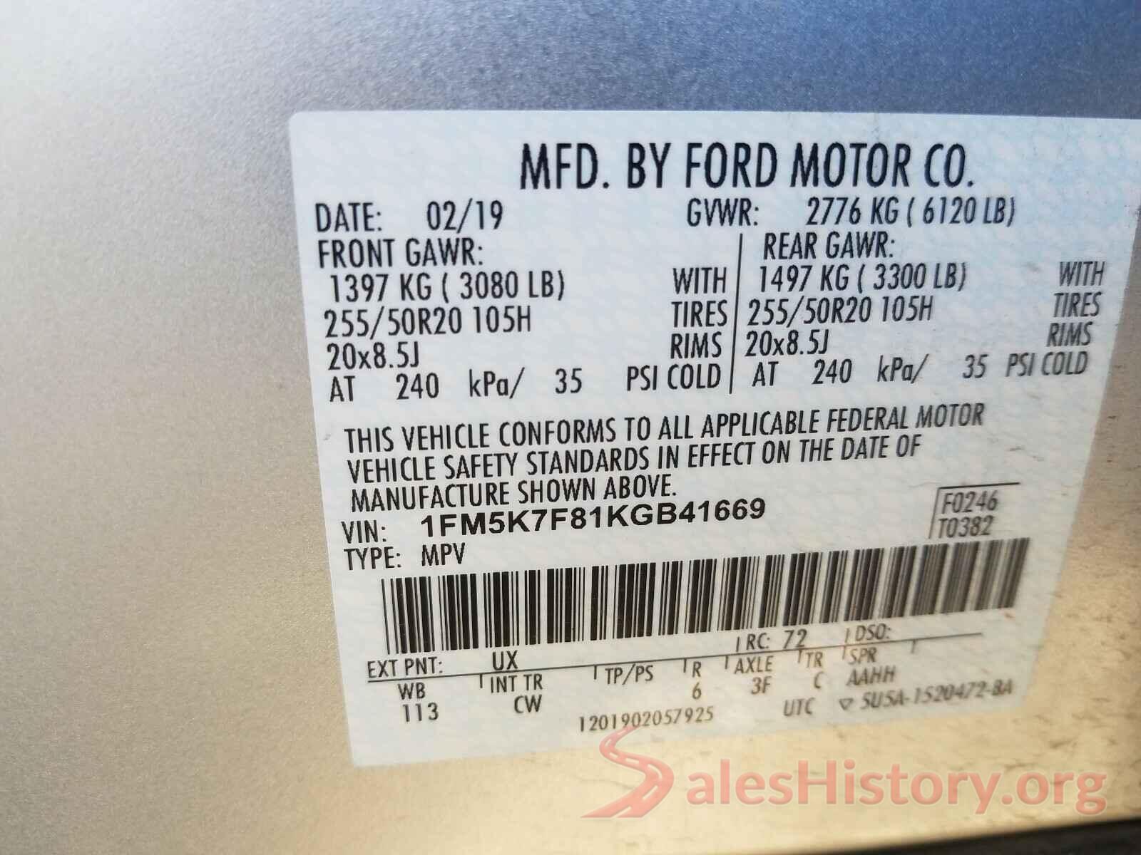 1FM5K7F81KGB41669 2019 FORD EXPLORER