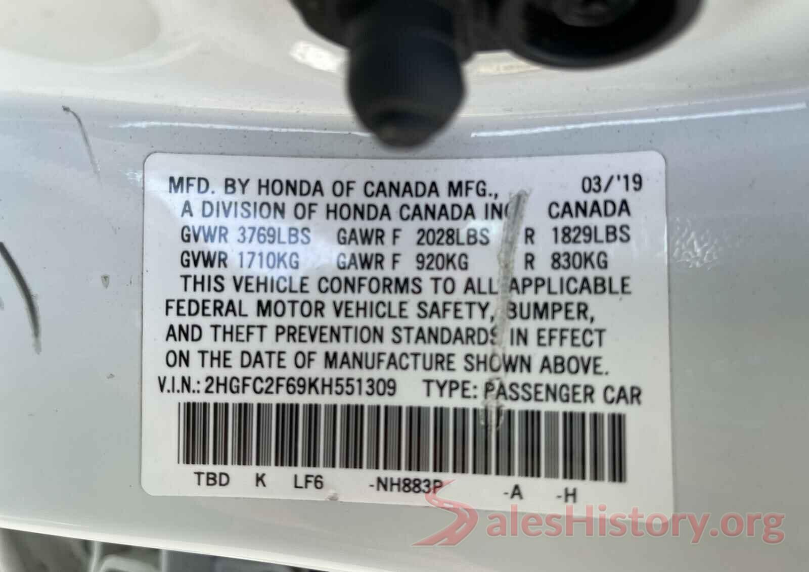 2HGFC2F69KH551309 2019 HONDA CIVIC