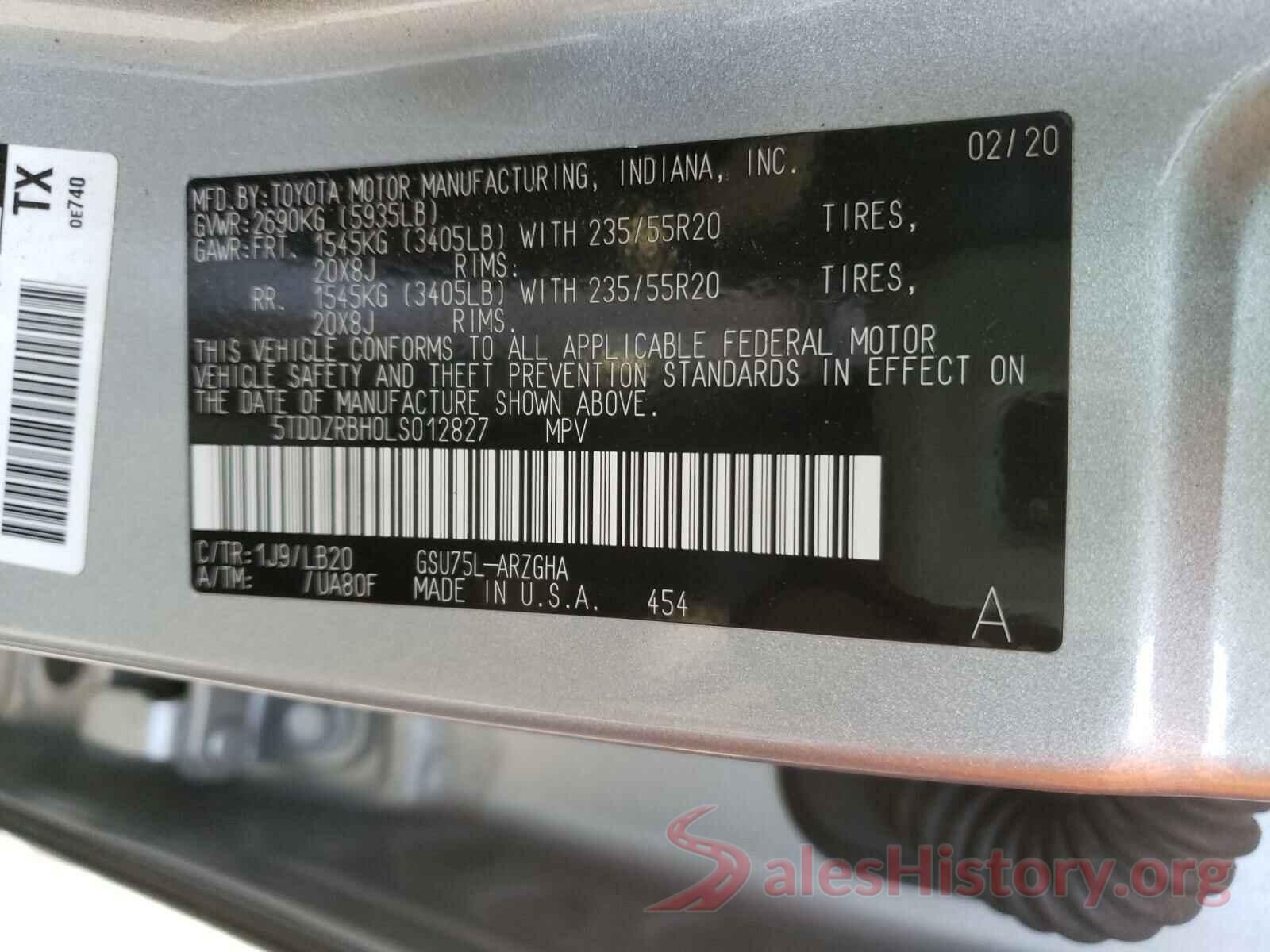 5TDDZRBH0LS012827 2020 TOYOTA HIGHLANDER