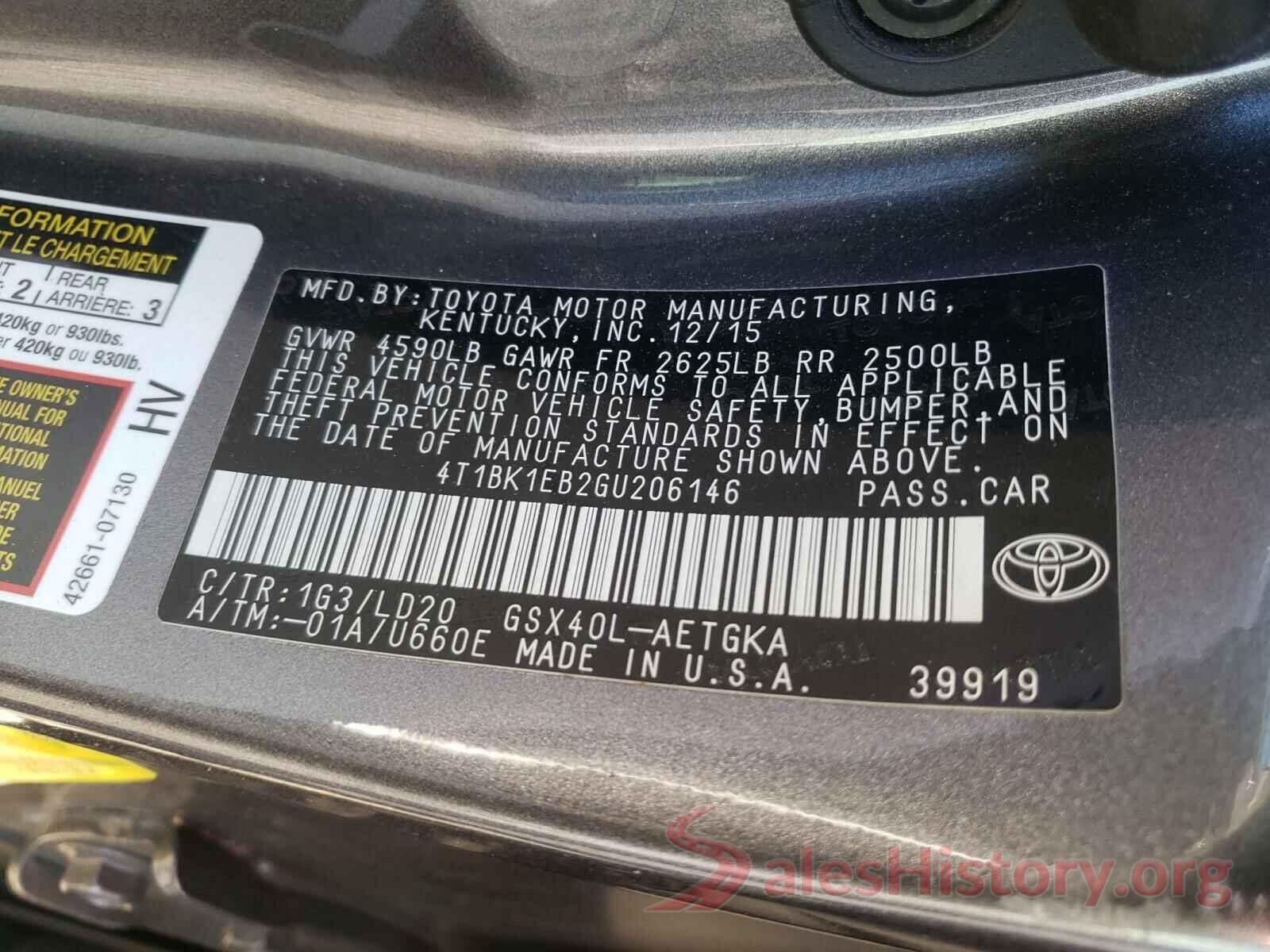 4T1BK1EB2GU206146 2016 TOYOTA AVALON